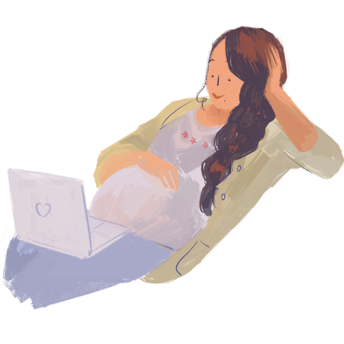 A pregnant woman relaxing with a laptop